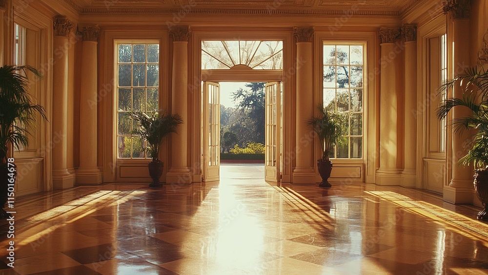 Golden hour graces this opulent hall, casting sunbeams across the polished floors. Sunlight streams through expansive windows, illuminating the grandeur. Golden hour graces this opulent hall, casting sunbeams across the polished floors. Sunlight streams through expansive windows, illuminating the grandeur.