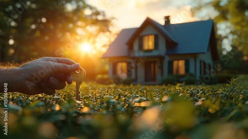 Modern Luxury House with Golden Key in Foreground Representing Real Estate Investment photo