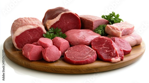 Assorted raw cuts of beef on a wooden platter, showcasing different textures and sizes, ready for cooking or grilling with fresh herbs.