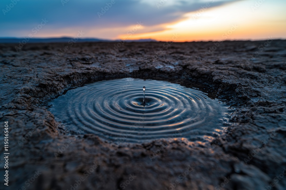Concept of environmental restoration in water crisis. A serene water puddle reflecting ripples on cracked earth at sunset, creating a tranquil atmosphere in a desolate landscape.