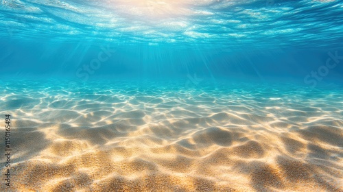 Seabed sand with blue tropical ocean above, empty underwater background with the summer sun shining brightly, creating ripples in the calm sea water