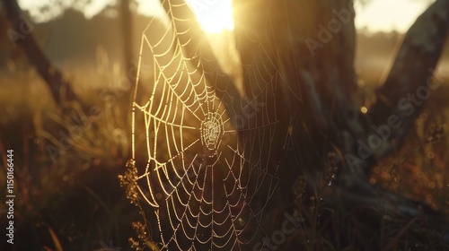 Sunrise illuminates a dew-covered spiderweb in a misty field, showcasing intricate details and natural beauty.