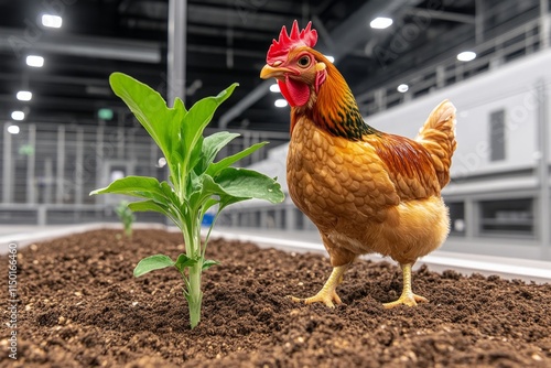 A GMO-enhanced chicken with unique, vibrant feather patterns in a clean, high-tech poultry farm equipped with advanced monitoring systems photo