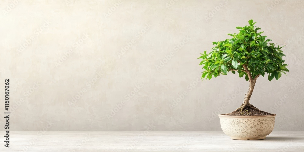 Fototapeta premium A small, lush bonsai tree in a simple pot sits on a minimalistic surface against a neutral background, showcasing elegance and tranquility.