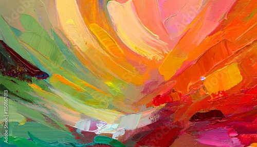 Colorful abstract painting with dynamic brushstrokes in bright colors. Energy, movement and expressive textures create a warm, lively atmosphere.