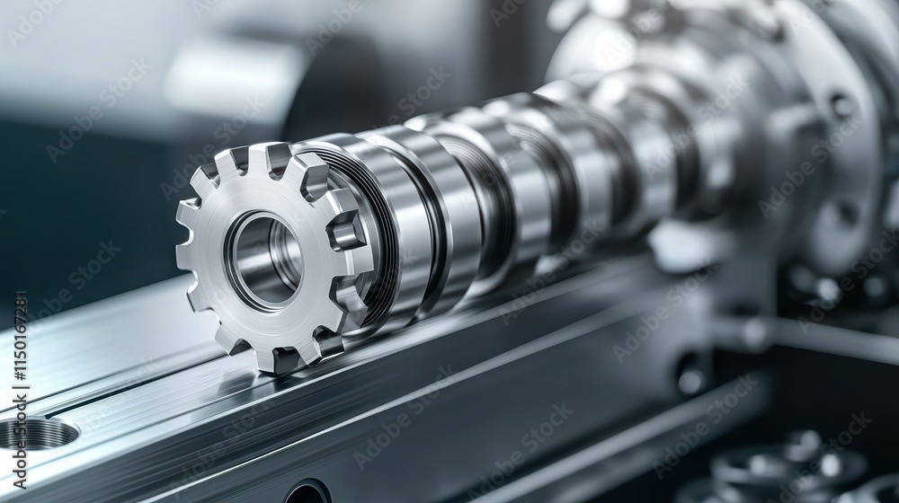 Fototapeta premium Mechanics repair of engine durability concept. A close-up of a precision metallic gear on a machining tool, showcasing intricate details and a sleek industrial design.