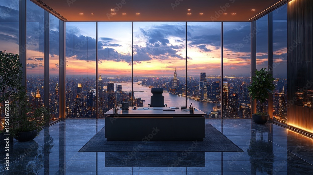 Fototapeta premium Modern office, cityscape sunset view, sleek desk.