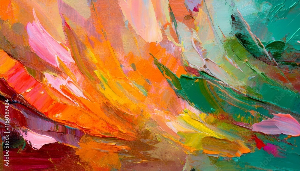 Colorful abstract painting with dynamic brushstrokes in bright colors. Energy, movement and expressive textures create a warm, lively atmosphere. Colorful abstract painting with dynamic brushstrokes in bright colors. Energy, movement and expressive textures create a warm, lively atmosphere.