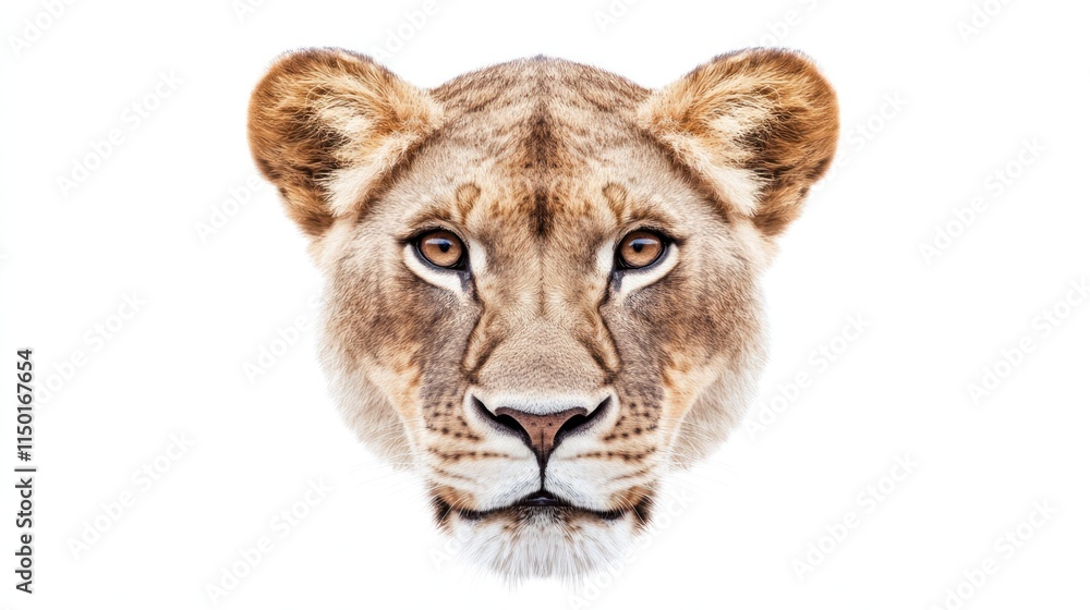 Close-up of a lioness's face with striking eyes against a white background. Close-up of a lioness's face with striking eyes against a white background.
