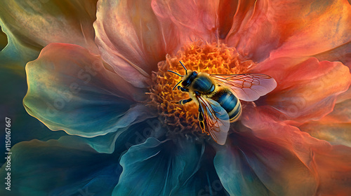 Vibrant Bee on Colorful Flower: A mesmerizing close-up of a bee on a vibrant, multicolored flower. The image showcases the intricate details of both the bee and the flower, with a surreal.