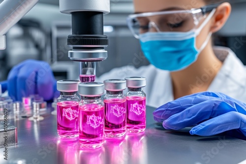A biotech lab showcasing glowing GMO vaccines in vials, ready for distribution, surrounded by advanced medical equipment