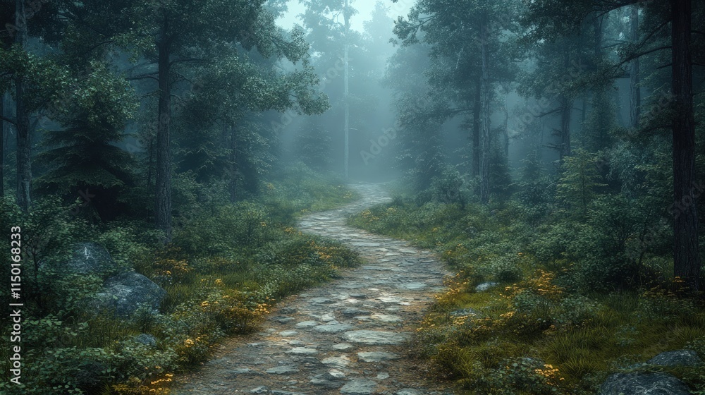 Fototapeta premium Stone path winds through misty, green forest.