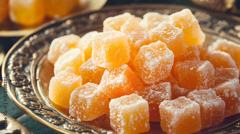 Delicious turkish delight cubes, covered in powdered sugar, presented on a beautiful golden plate for a tempting and sweet treat Delicious turkish delight cubes, covered in powdered sugar, presented on a beautiful golden plate for a tempting and sweet treat