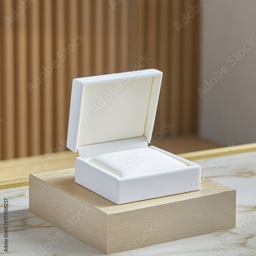 Open white jewelry box on a velvet display stand in a luxury retail setup