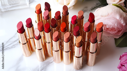 Lipstick Collection: A vibrant array of lipstick shades, arranged in a captivating display on a sleek surface, offering a spectrum of colors to enhance any look.  photo