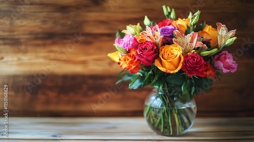 Wallpaper Mural Vibrant Bouquet in Glass Vase on Wooden Background  Torontodigital.ca