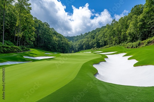 A breathtaking aerial view of a championship golf course with sprawling greens, sand traps, and winding paths