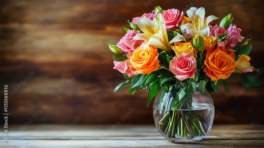 Vibrant Bouquet of Roses and Lilies in Glass Vase Vibrant Bouquet of Roses and Lilies in Glass Vase