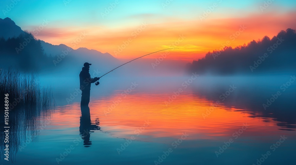 A fisherman silhouetted against a vibrant sunset over a serene lake. A fisherman silhouetted against a vibrant sunset over a serene lake.
