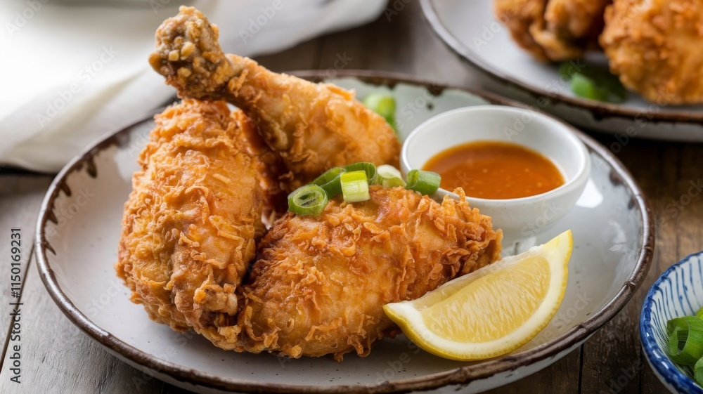 Traditional Japanese karaage chicken garnished with lemon and green onion, horizontal view Traditional Japanese karaage chicken garnished with lemon and green onion, horizontal view