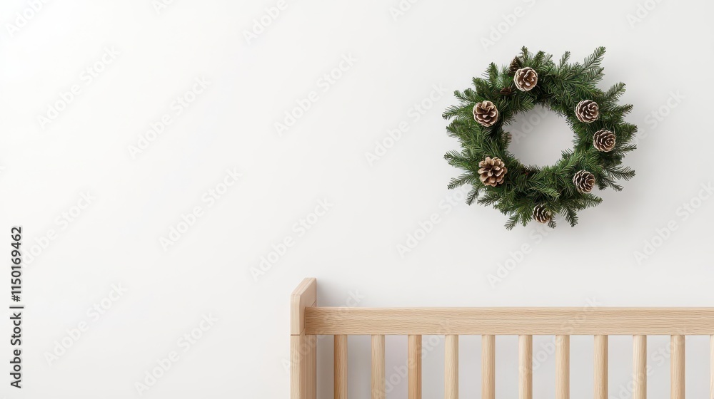 Obraz premium Genderneutral nursery with natural Christmas decor, including a simple wreath and tiny pinecones, creating a serene holiday atmosphere