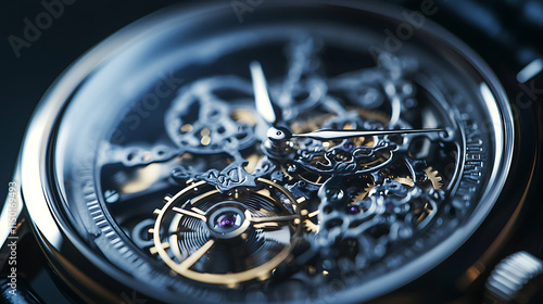 Time's Precise Dance: A close-up of a mechanical watch face, showcasing the intricate workings of gears and springs, revealing the artistry and precision of timekeeping. photo