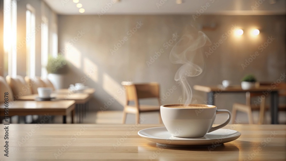 Aromatic Steam Rising from a Cup of Coffee on a Wooden Table in a Sunny Cafe Aromatic Steam Rising from a Cup of Coffee on a Wooden Table in a Sunny Cafe