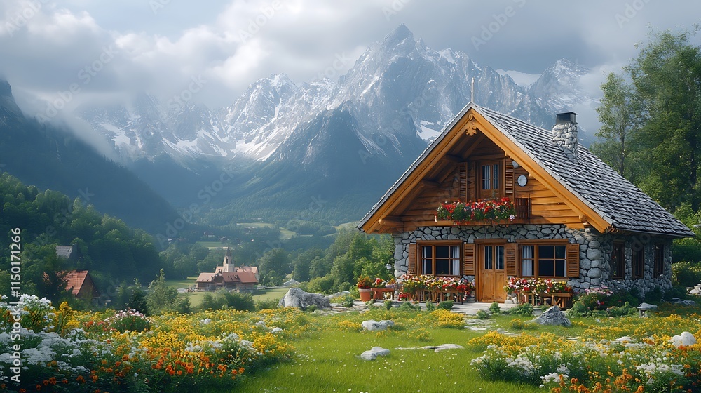 Fototapeta premium Stunning Stone Cottage Scenic Alpine Views Peaceful Meadow Setting Beauty Photo