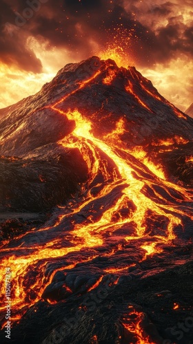 Erupting Volcano with Flowing Lava at Sunset, Perfect for Geology Studies, Natural Disaster Themes, Environmental Education, Dramatic Landscapes, and Scientific Visualizations photo