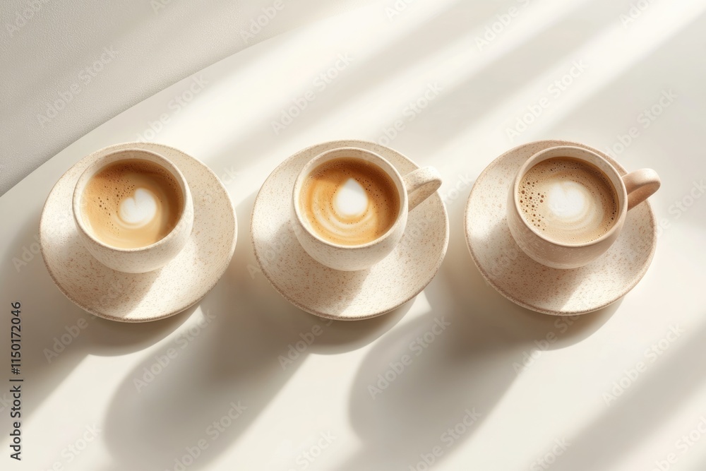 Three cups of latte art coffee on a white table, bathed in sunlight. Three cups of latte art coffee on a white table, bathed in sunlight.