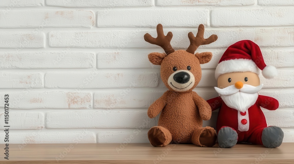 Fototapeta premium Plush reindeer and Santa toys placed on nursery shelves, twinkling fairy lights adding a soft holiday glow to the room