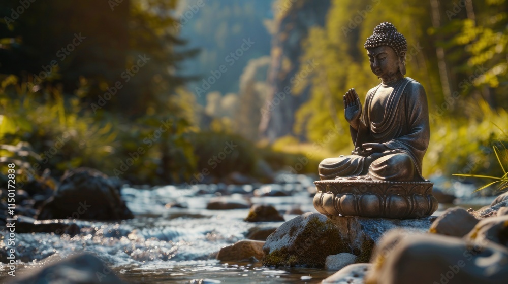 Bhumispara mudra, Buddha Gautama at the moment of enlightenment, statue in a mountain stream, Oytal Valley, Allgaeu, Bavaria, Germany, PublicGround Bhumispara mudra, Buddha Gautama at the moment of enlightenment, statue in a mountain stream, Oytal Valley, Allgaeu, Bavaria, Germany, PublicGround
