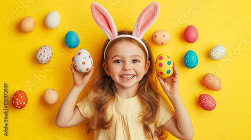 happy little girl with Easter bunny ears and colorful Easter eggs on a yellow background