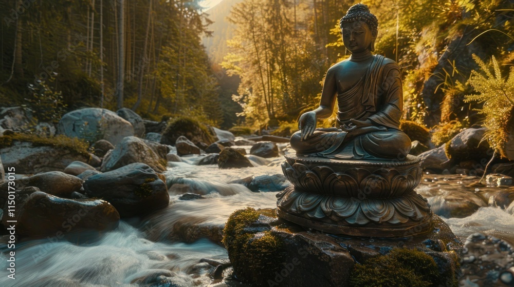 Bhumispara mudra, Buddha Gautama at the moment of enlightenment, statue in a mountain stream, Oytal Valley, Allgaeu, Bavaria, Germany, PublicGround Bhumispara mudra, Buddha Gautama at the moment of enlightenment, statue in a mountain stream, Oytal Valley, Allgaeu, Bavaria, Germany, PublicGround