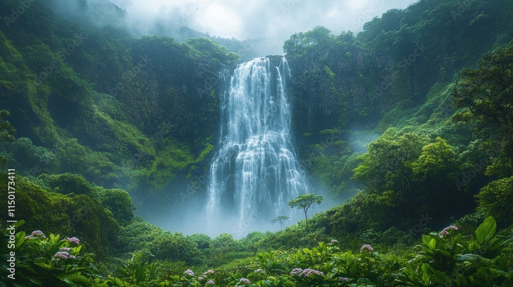 Fototapeta premium Lush rainforest waterfall, misty, serene.
