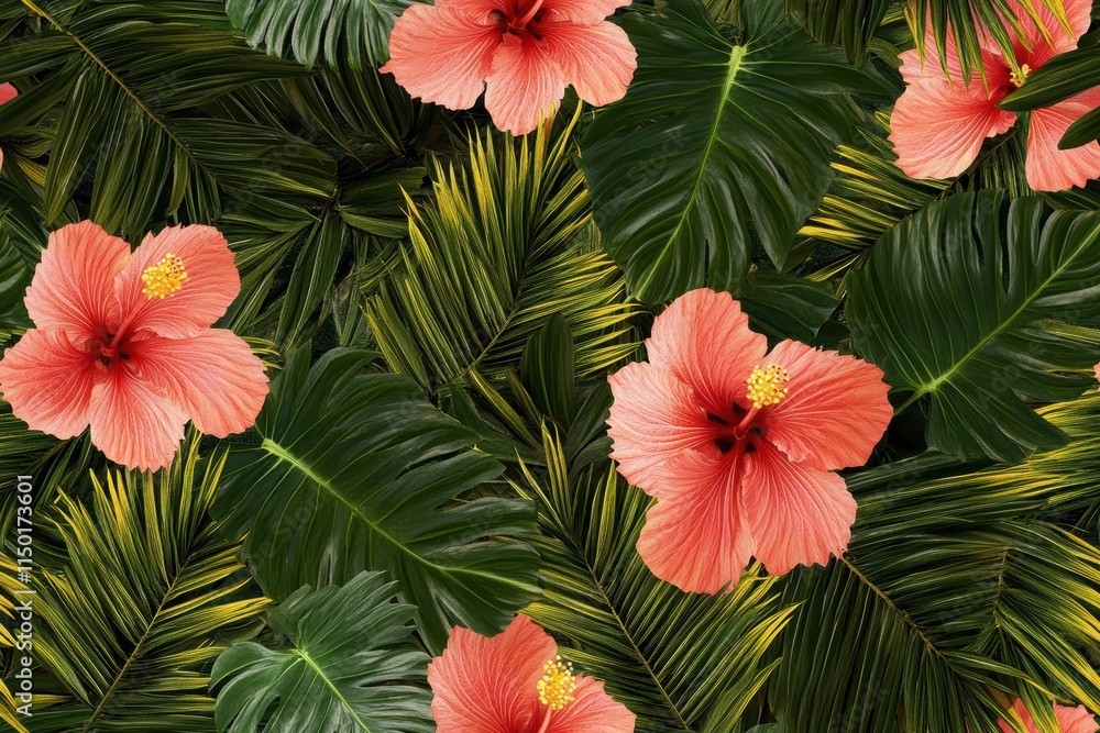 A tropical seamless pattern with large, lush green palm leaves and vibrant hibiscus flowers A tropical seamless pattern with large, lush green palm leaves and vibrant hibiscus flowers