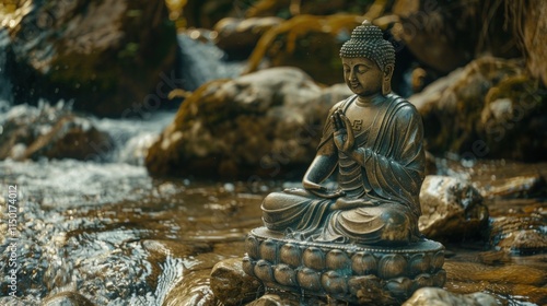 Bhumispara mudra, Buddha Gautama at the moment of enlightenment, statue in a mountain stream, Oytal Valley, Allgaeu, Bavaria, Germany, PublicGround photo