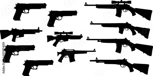 set of guns, gun silhouette isolated on white background. Vector illustration
