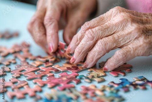 Elderly woman's hands carefully placing puzzle pieces, showcasing age and focus.