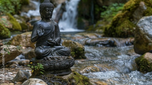 Bhumispara mudra, Buddha Gautama at the moment of enlightenment, statue in a mountain stream, Oytal Valley, Allgaeu, Bavaria, Germany, PublicGround photo