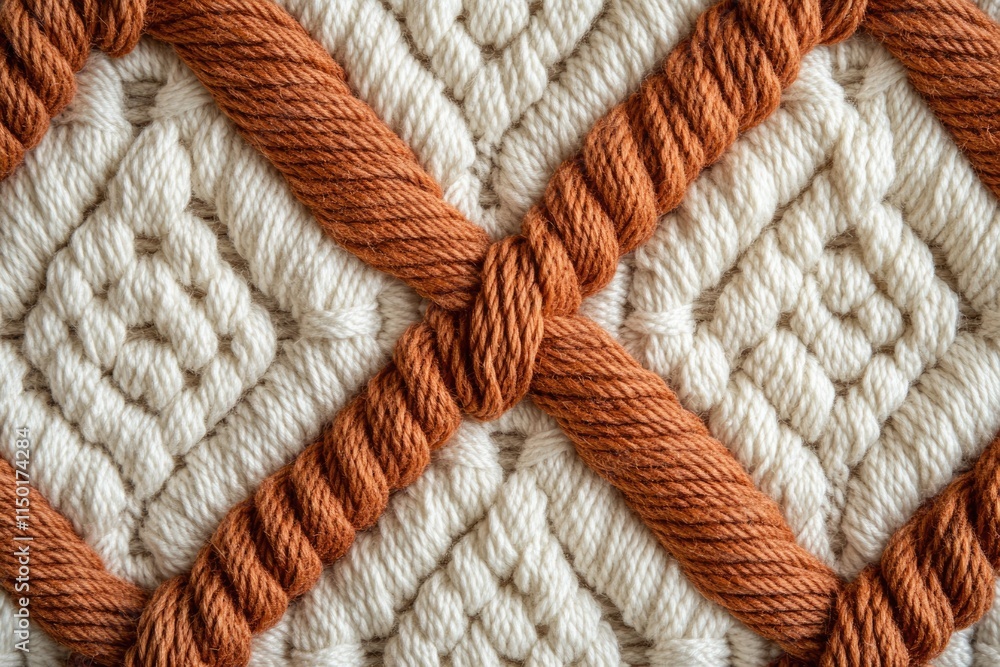 Close-up of intricate macrame wall hanging with off-white and burnt orange cords in a diamond pattern. Close-up of intricate macrame wall hanging with off-white and burnt orange cords in a diamond pattern.
