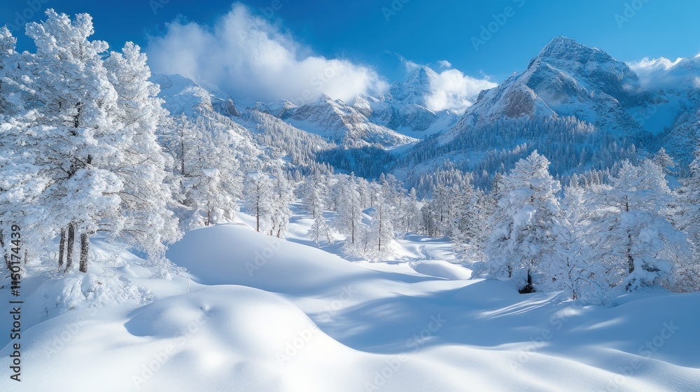 Obraz premium Snow-covered mountain valley, winter wonderland.
