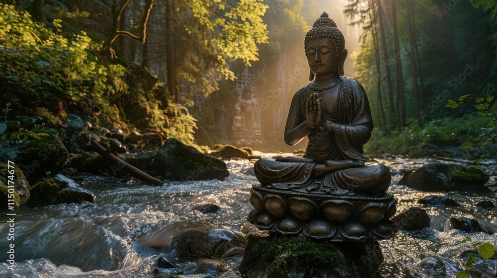 Bhumispara mudra, Buddha Gautama at the moment of enlightenment, statue in a mountain stream, Oytal Valley, Allgaeu, Bavaria, Germany, PublicGround Bhumispara mudra, Buddha Gautama at the moment of enlightenment, statue in a mountain stream, Oytal Valley, Allgaeu, Bavaria, Germany, PublicGround