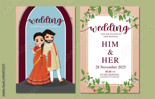  Wedding invitation card the bride and groom cute couple in traditional indian dress cartoon character