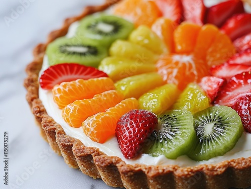 A vibrant fruit tart featuring a colorful arrangement of fresh fruits on a creamy base.