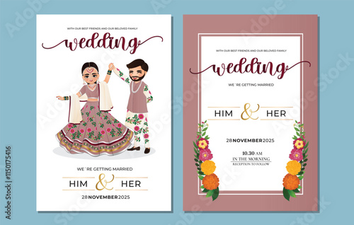  Wedding invitation card the bride and groom cute couple in traditional indian dress cartoon character