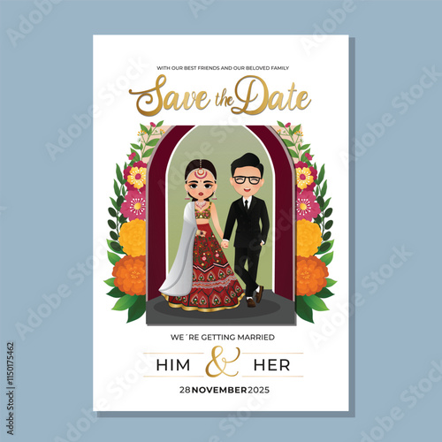  Wedding invitation card the bride and groom cute couple in traditional indian dress cartoon character
