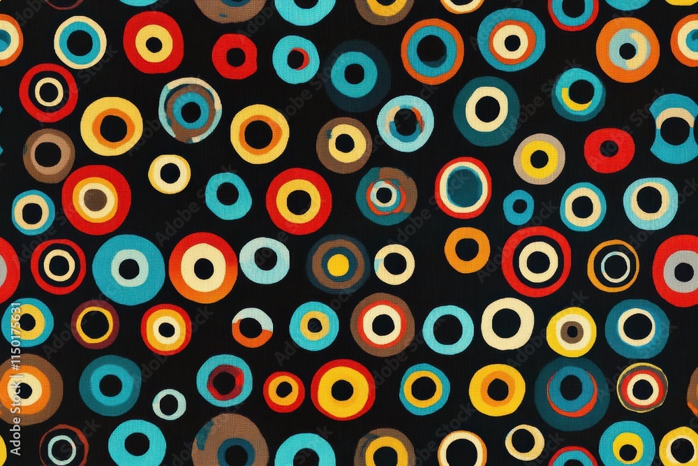 A repeating pattern of colorful concentric circles on a dark background creating depth A repeating pattern of colorful concentric circles on a dark background creating depth