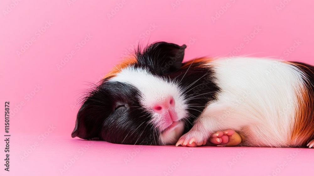 A sleeping guinea pig on a pink background, showcasing its cute features and colors. A sleeping guinea pig on a pink background, showcasing its cute features and colors.