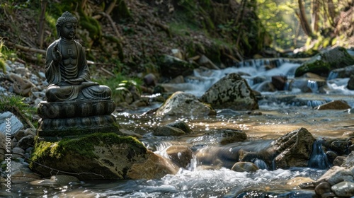 Bhumispara mudra, Buddha Gautama at the moment of enlightenment, statue in a mountain stream, Oytal Valley, Allgaeu, Bavaria, Germany, PublicGround photo